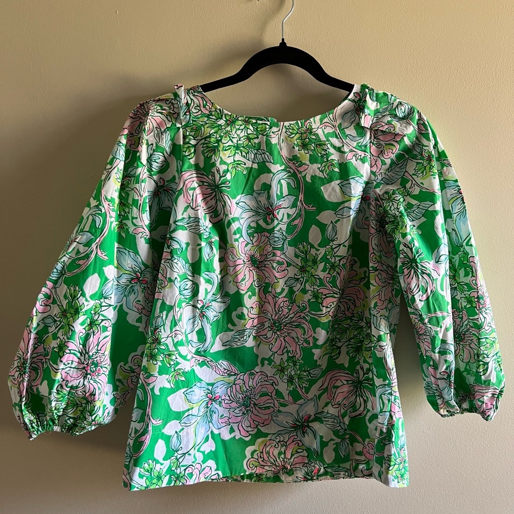 NWT Lilly Pulitzer Green and White Puff Sleeve Ruffled Blouse